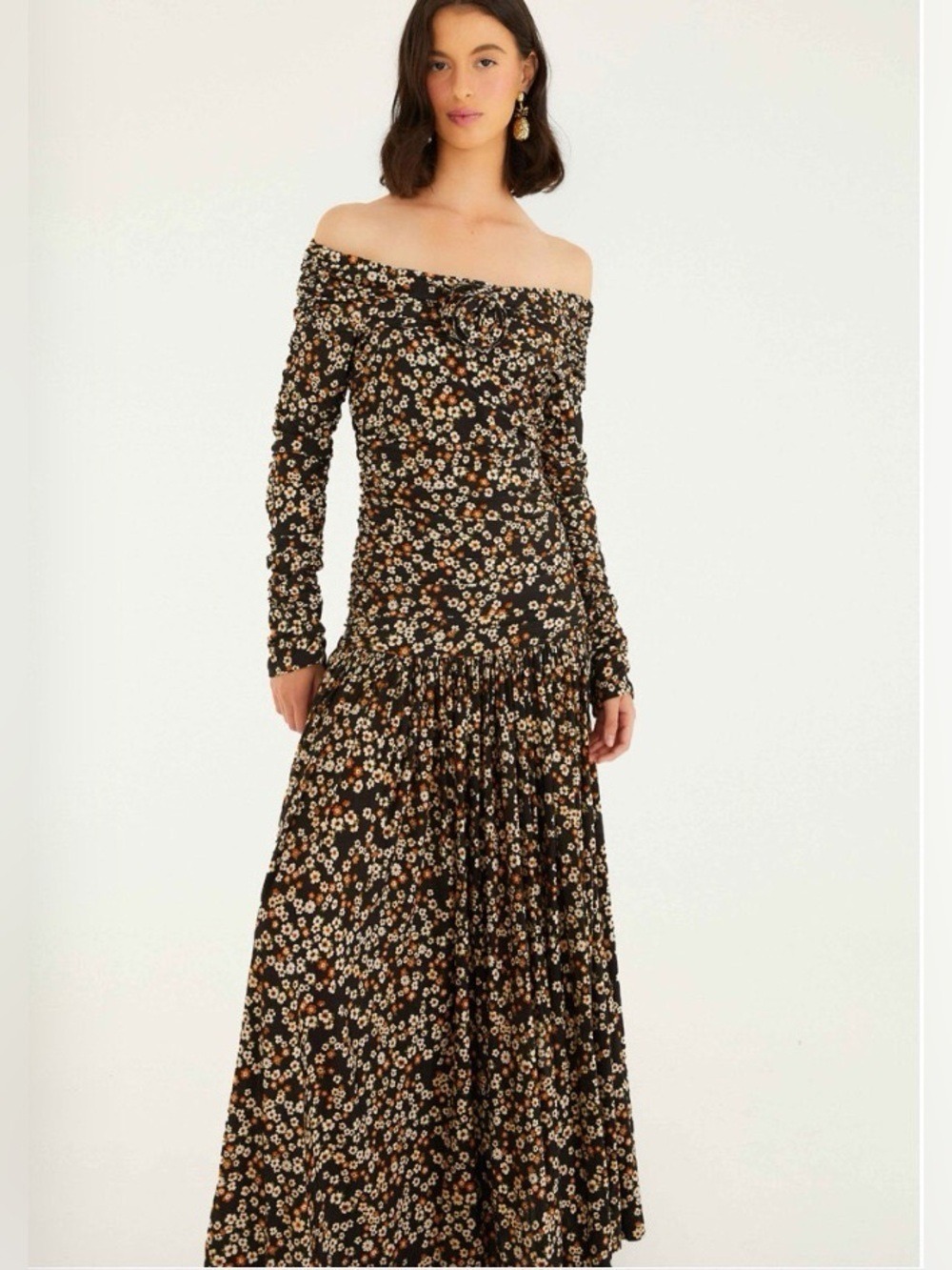 Farm Rio Tiny Flowers Black Long Sleeve Maxi Dress